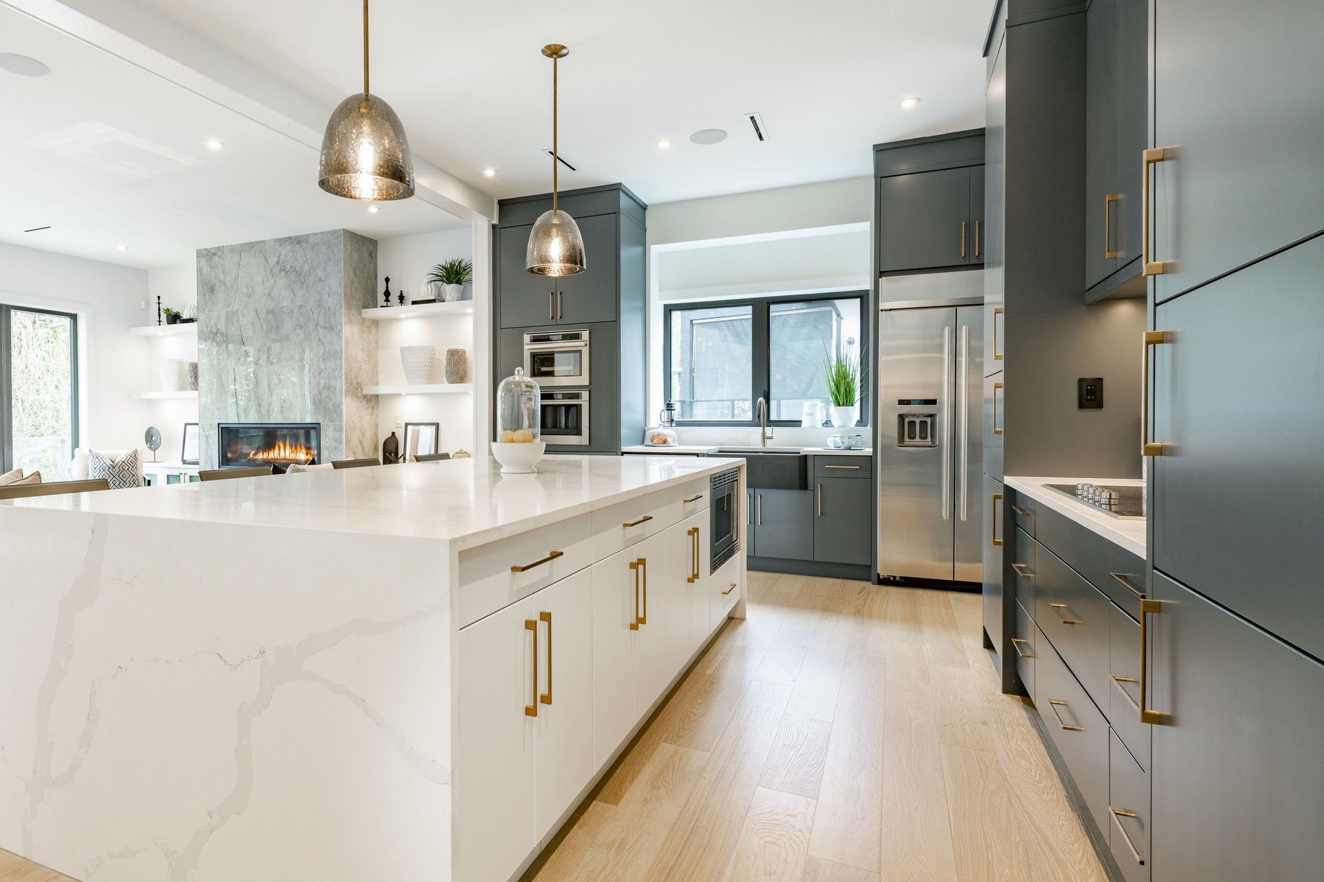Modern contemporary home interiors living room dining room kitchen  bathroom bedroom office study entry foyer staircase front door hallway. Kitchen interior is spacious and open concept view to living room